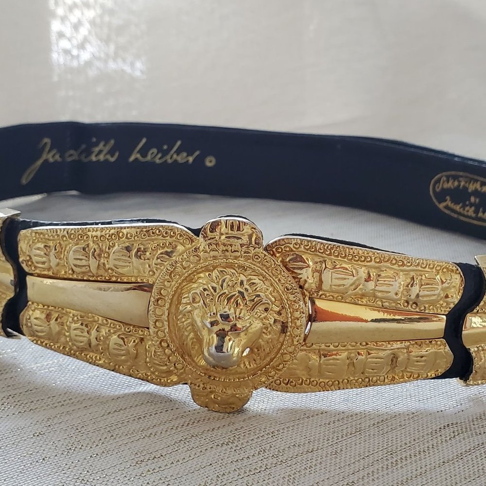 Saks Fifth JUDITH LEIBER BLUE Leather Adjustable Belt LION BUCKLE.